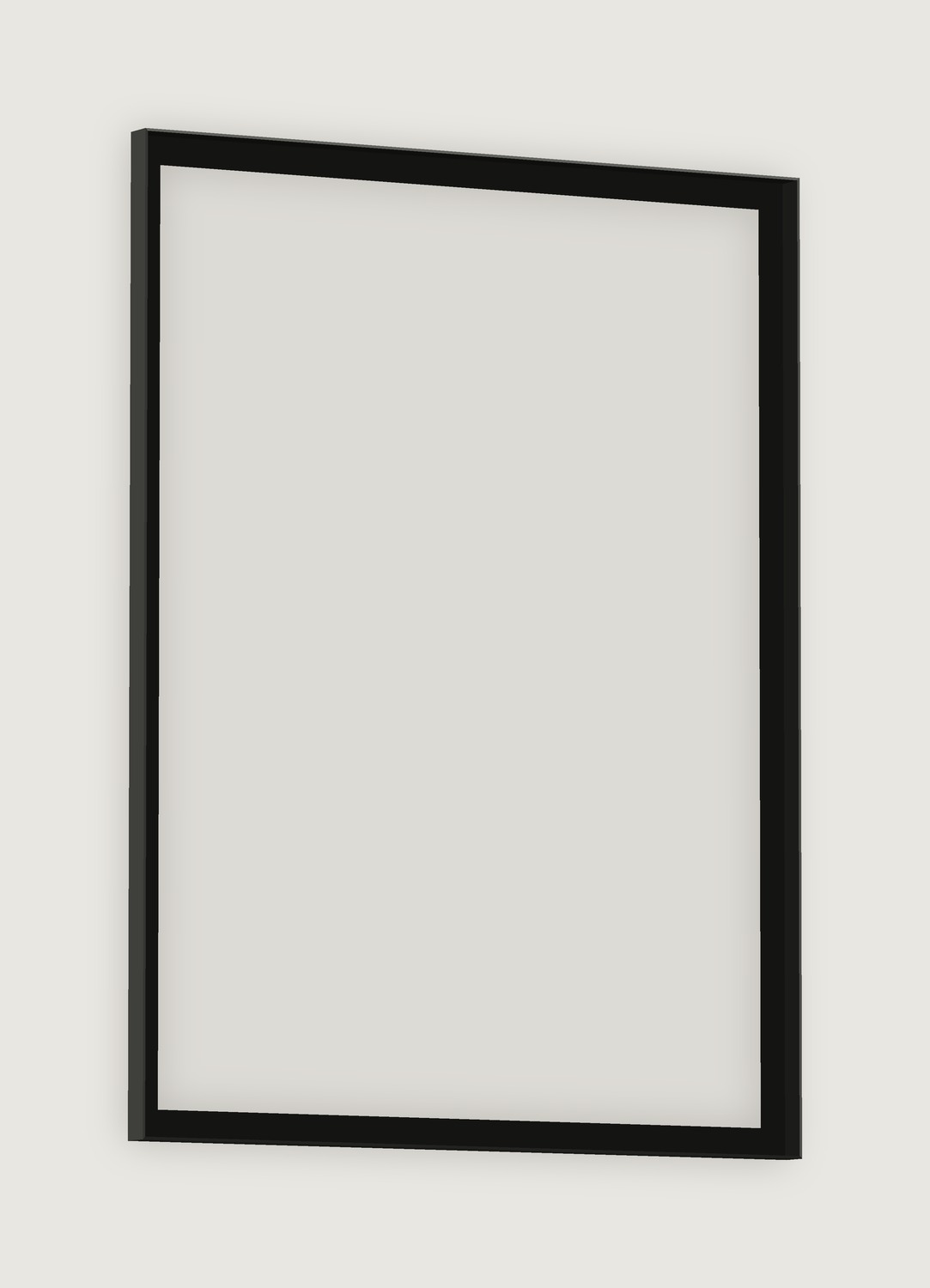 FRAMED F.01, a 36 by 48 inch matte black steel angle frame, shown turned so the 1-1/2 inch standoff reads. Frame only, no glass.